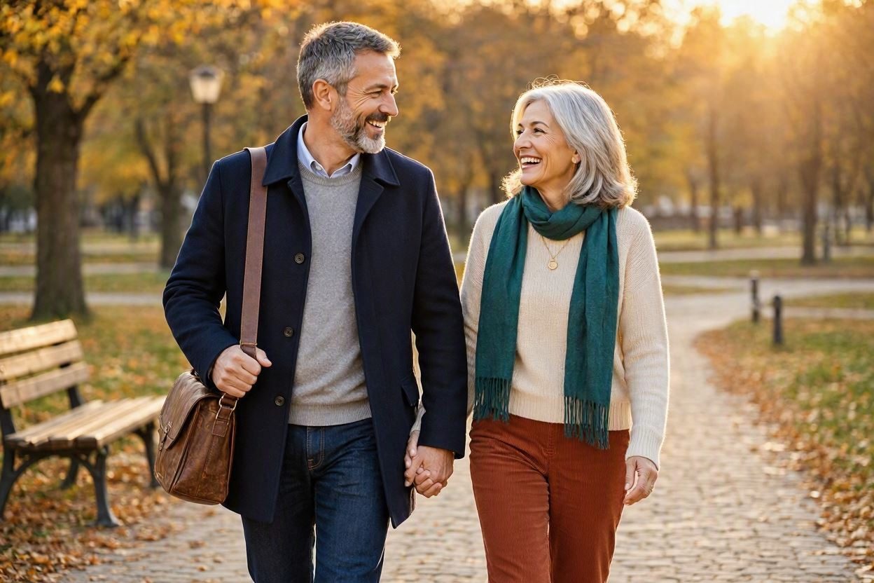 Mature couple walking hand in hand through an autumn park
